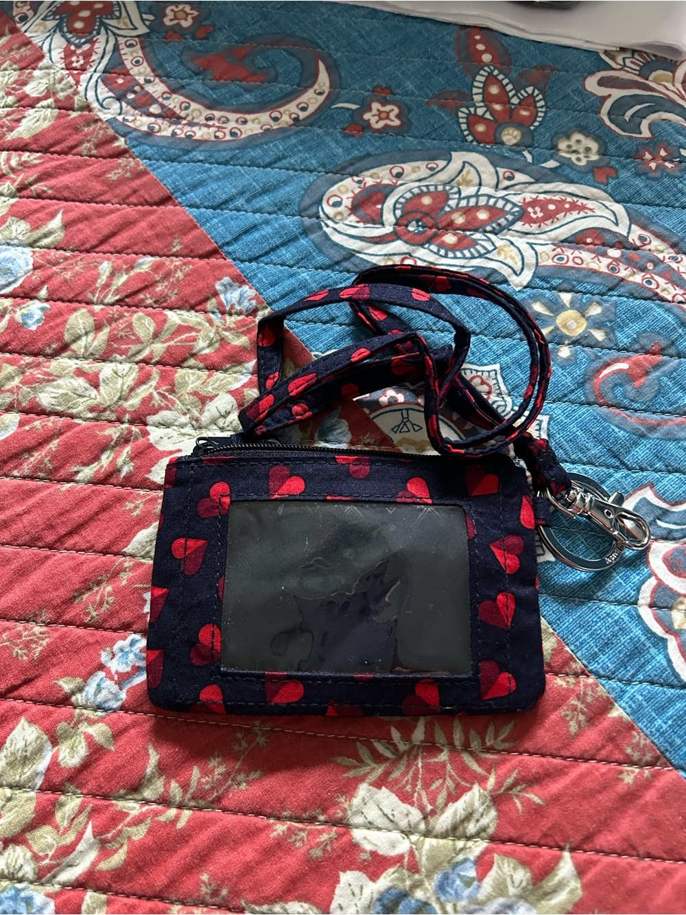 Vera Bradley Navy ID Wallet Lanyard with Red Heart Print